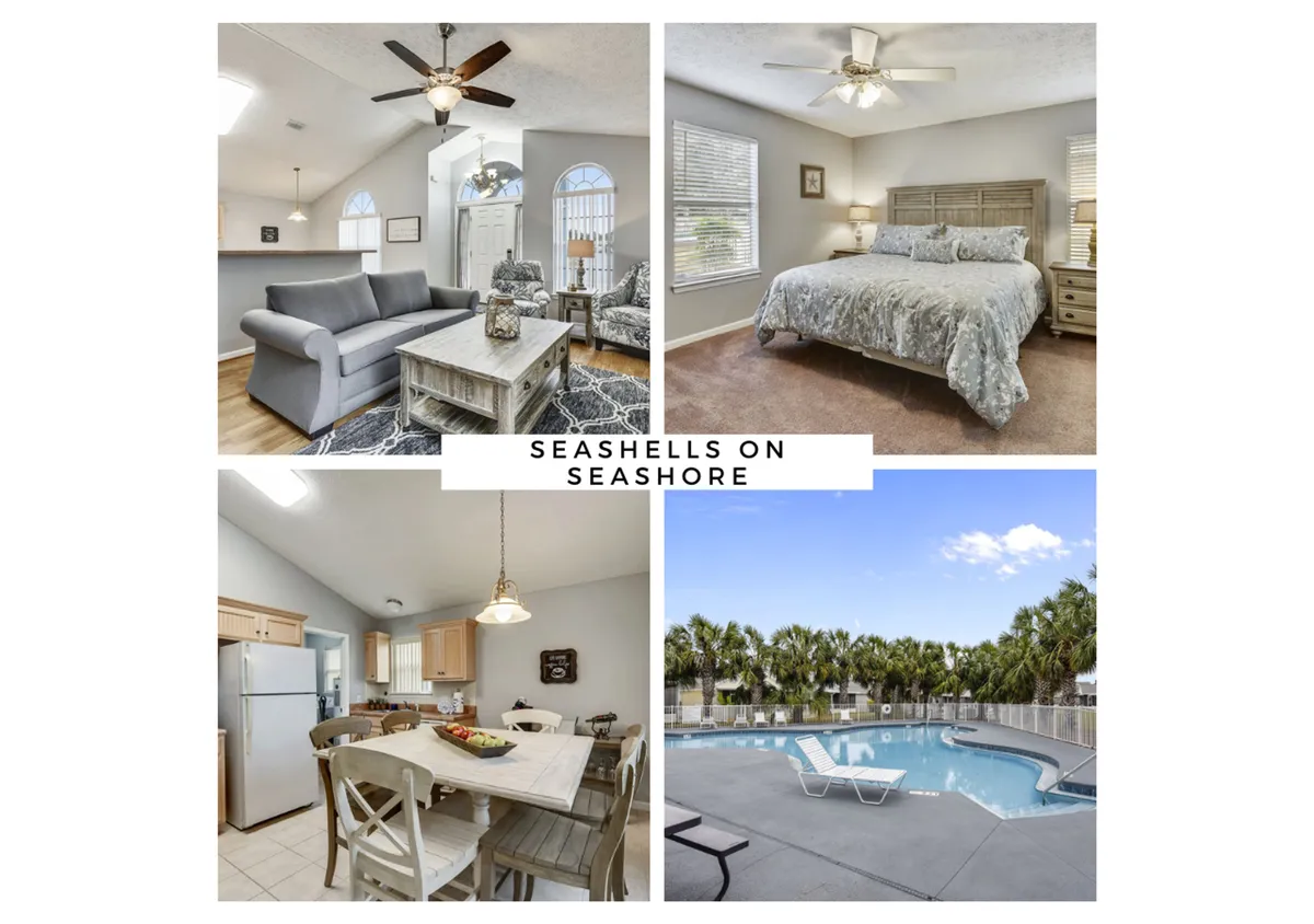 The image features a spacious, light-filled condo interior with a plush king bed in the primary bedroom, a cozy living room with stylish coastal décor, a rustic dining area, and a glimpse of the inviting community pool surrounded by palm trees and lounge chairs.